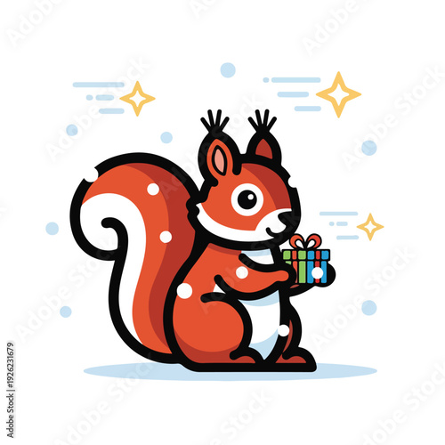 A cute cartoon squirrel holding a gift