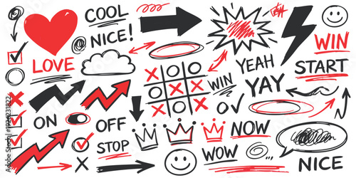 Hand drawn doodle collection with urban graffiti sketches hearts stars arrows and creative words vector illustration art background