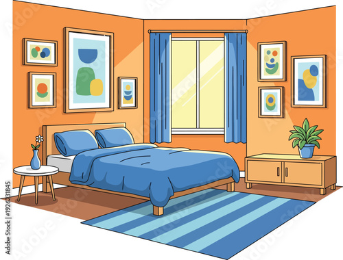 Illustrated modern bedroom interior with vibrant orange walls and contrasting blue decor.