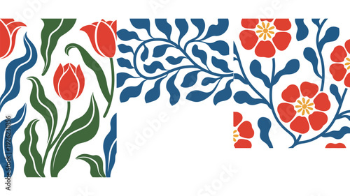 A vibrant floral pattern featuring red tulips and blue leaves on a cream background