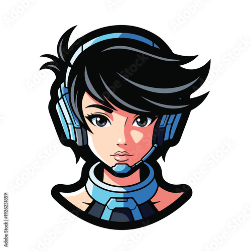 A female gamer with a headset and microphone