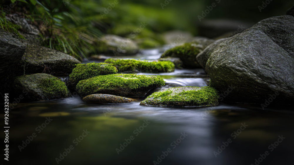 Naklejka premium Serene Stream Flowing Over Moss-Covered Stones in a Tranquil Forest Setting