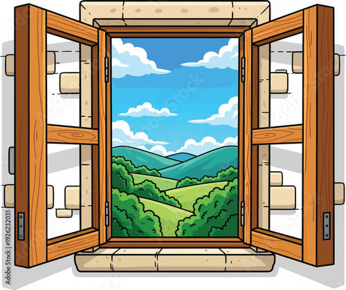 Open rustic wooden window in a stone wall framing a cartoon view of green rolling hills and a blue sky.
