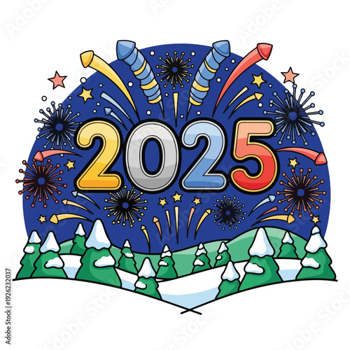A festive 2025 New Year's Eve scene with fireworks