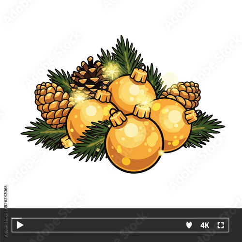 A festive arrangement of golden baubles and pine