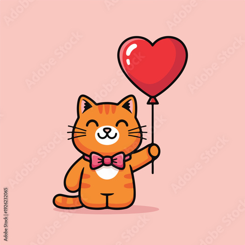 A cute orange cat with a heart balloon
