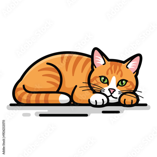 A cute orange cat with green eyes lies on the ground