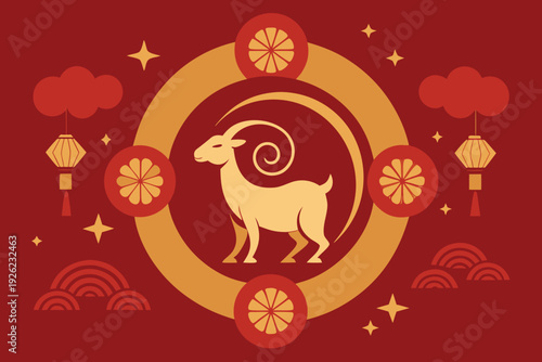 Elegant golden ram zodiac illustration with circular motifs and hanging Chinese paper lamps vector illustration.
