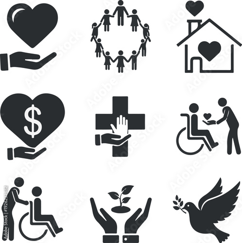 Black icons depicting various charitable and healthcare concepts