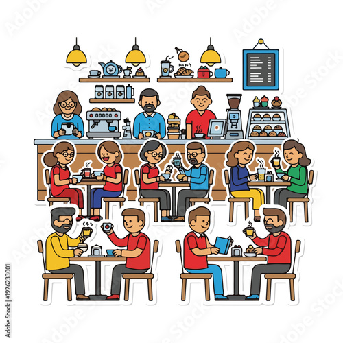Cartoon-style illustration of a bustling café scene