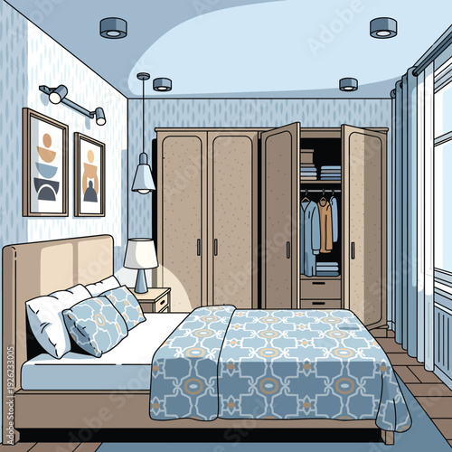 Stylish modern bedroom interior illustration with a large wooden wardrobe patterned quilt and contemporary lighting.
