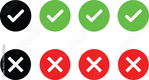 Check and Cross Circle Icons Set with Green Approved and Red Rejected Symbols Vector Illustration