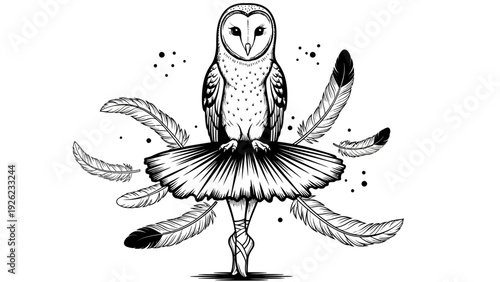 Whimsical Barn Owl Ballerina with Feathers, Black and White Artistic Illustration
