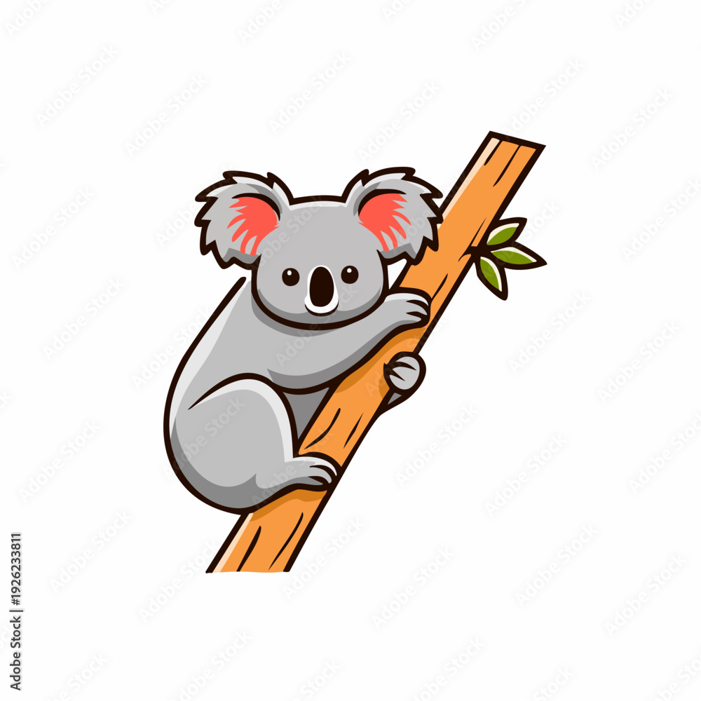 Fototapeta premium Cute cartoon koala bear climbing on a tree branch, adorable animal vector illustration