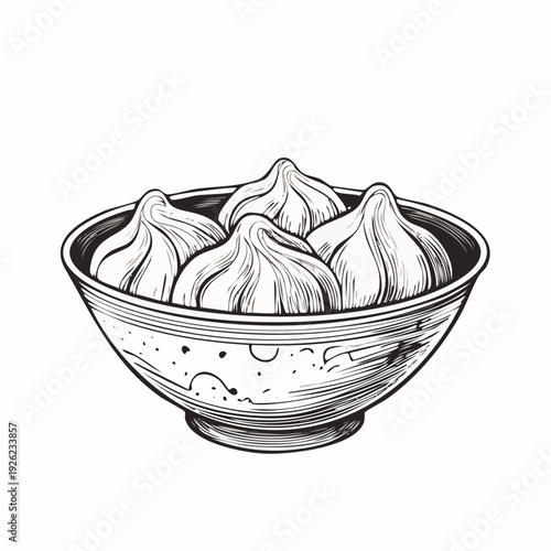 Bowl of delicious dumplings, a traditional Asian food, presented in an artistic sketch
