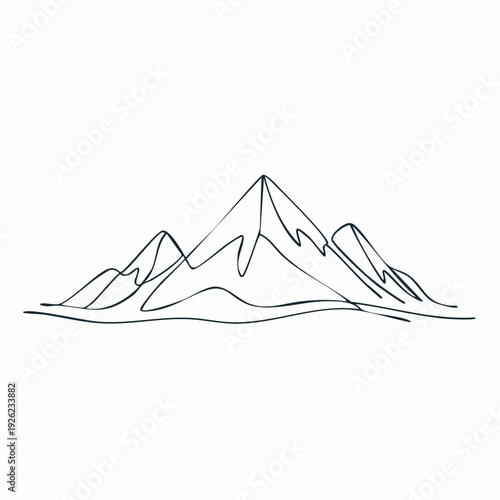 Minimalist continuous line art depicting a serene mountain range silhouette, symbolizing rugged beauty and nature's grandeur