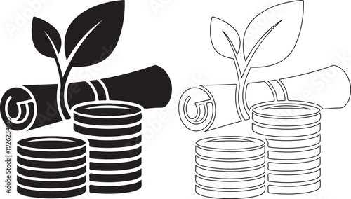 Money Growth Plant on Rolled Diploma Document with Coins