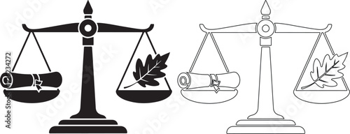 Scales of Justice Balancing Scroll and Oak Leaf