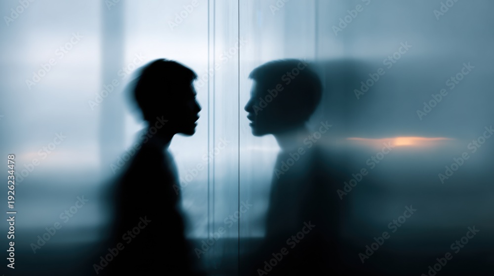 Fototapeta premium A contemplative moment of self-reflection between silhouette of a person and his reflection
