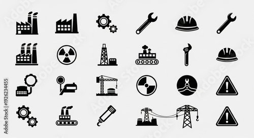 Industrial Icons Set Depicting Factories, Tools, and Safety Symbols.