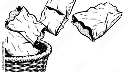 A laundry basket filled with crumpled paper illustration in black and white