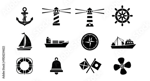 Collection of nautical icons representing various maritime elements and symbols.