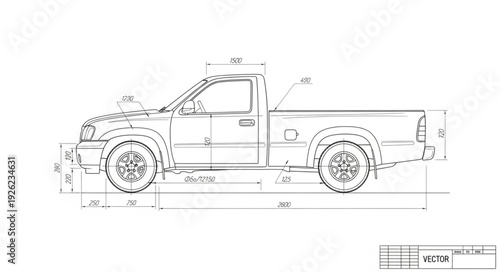 Detailed Technical Drawing of Pickup Truck.