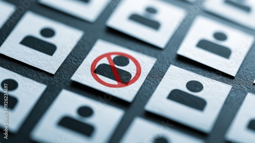Conceptual image representing no entry of a person on a recruitment or social media concept. The image features several avatar icons, one of which is crossed out. 
