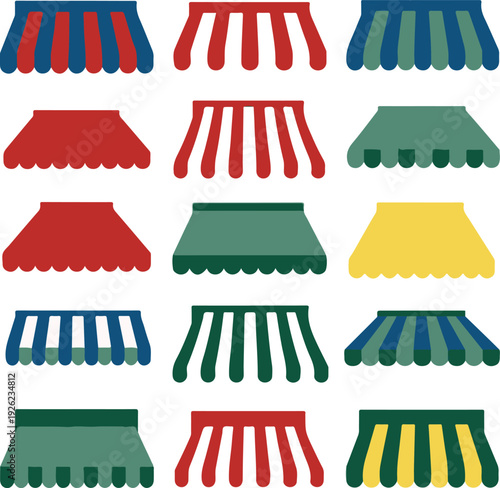Collection of colorful awnings and canopies in various designs