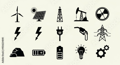 Energy sources and power generation icons representing various industries and technologies.