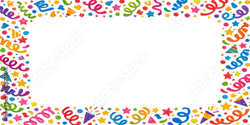 A vibrant illustration of a colorful bead and confetti frame features a festive floral border design with rainbow butterflies and hearts for a happy birthday celebration card