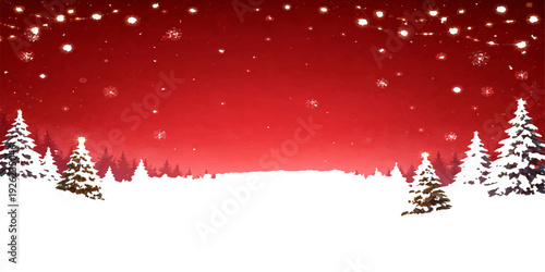 A festive red Christmas background featuring a decorated tree and falling snowflakes for a merry holiday season winter card design with New Year celebration stars and ornaments
