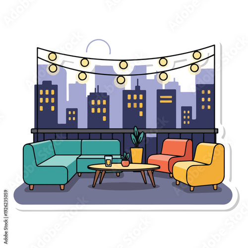 Colorful rooftop seating area with urban view