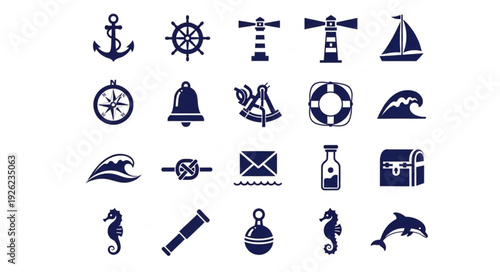 Collection of nautical icons representing various maritime elements and symbols.
