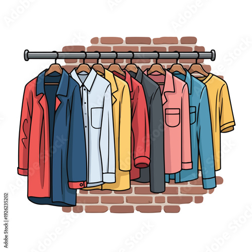 Colorful shirts hang on a rod