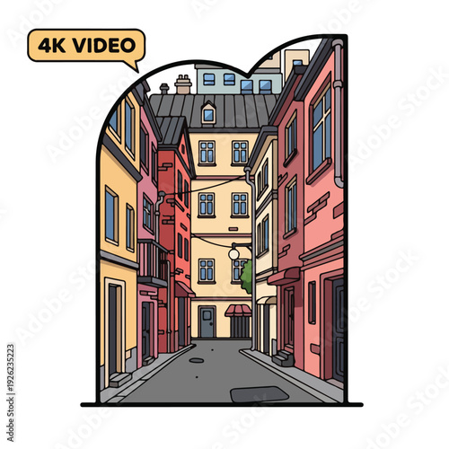 Colorful cartoon illustration of a narrow European-style street