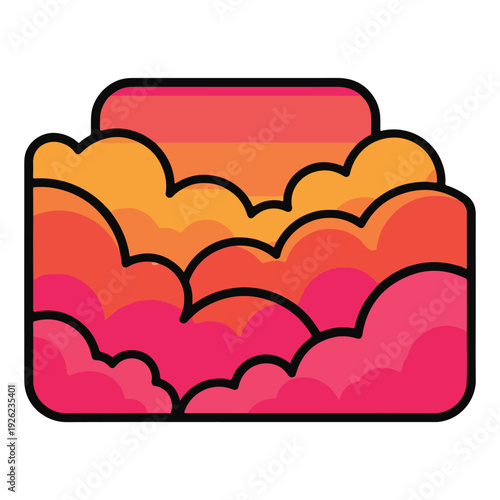 Colorful sunset behind fluffy clouds in a rounded rectangle