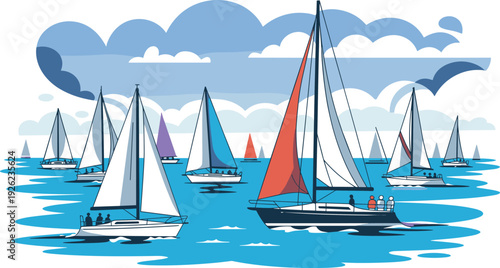 Sailing regatta illustration, colorful yachts racing on blue ocean under cloudy sky nautical vector artwork