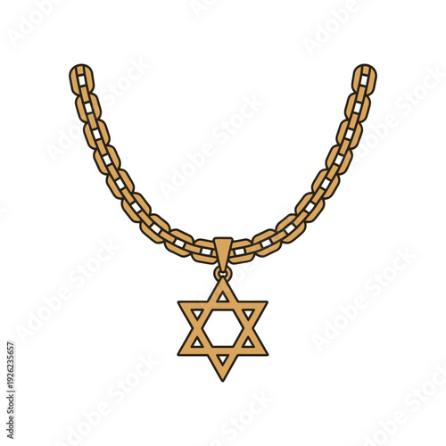 Gold Star of David necklace hangs from a thick metallic curb chain.