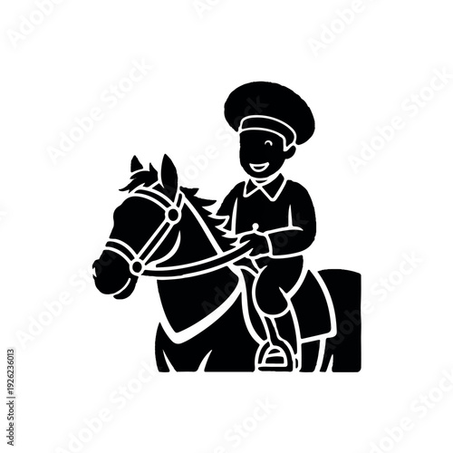 Happy young jockey riding horse with big smile on white background