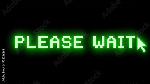 A digital display shows 'PLEASE WAIT' with a cursor icon, indicating a processing or loading screen in a technological environment from a straightforward viewpoint.