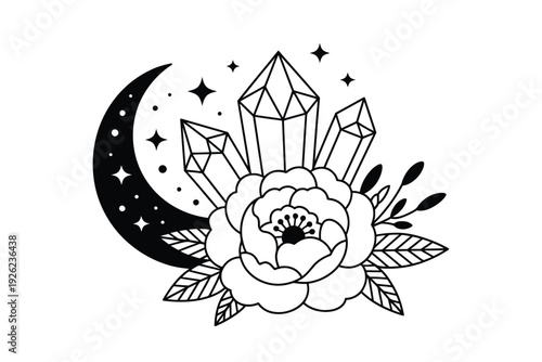 A mystical crystal and flower illustration with crescent moon and stars