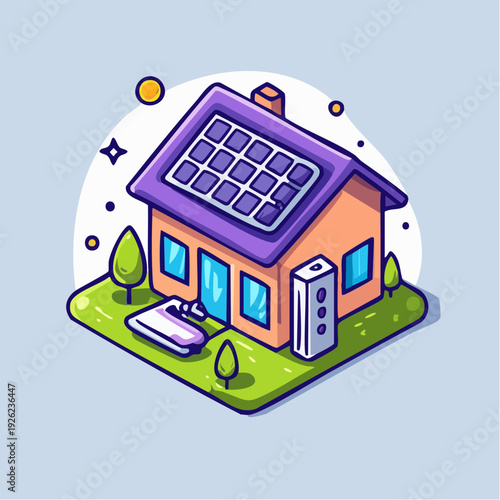 Charming Isometric Home with Solar Panels and Energy Storage, Symbolizing Sustainable Living and Modern Eco-Friendly Lifestyle through Renewable Technology