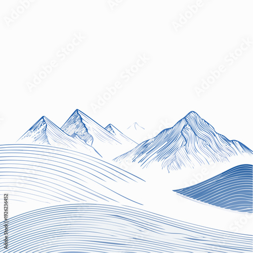 Stylized Blue Mountain Range Landscape with Rolling Hills and Snow-Capped Peaks