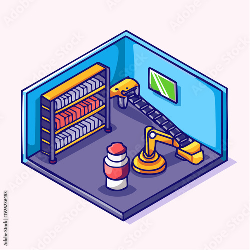 Isometric flat vector illustration of industrial automation, showing a robotic arm working with items on storage shelves in a smart factory, symbolizing modern technology and efficient production