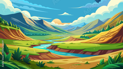 A large open natural valley with smooth ground surface surrounded by distant hills clear sky enhances peaceful and minimal environment clean vector illustration flat design uncluttered composition