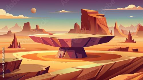A flat stone plateau rising above surrounding desert terrain strong geometric natural ground shapes create depth clean minimal vector illustration flat design uncluttered composition