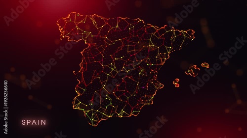 A dynamic motion video showcasing the Spain country border through a colorful plexus reveal. Glowing red and orange dots represent high-tech data communication and global digital networks.