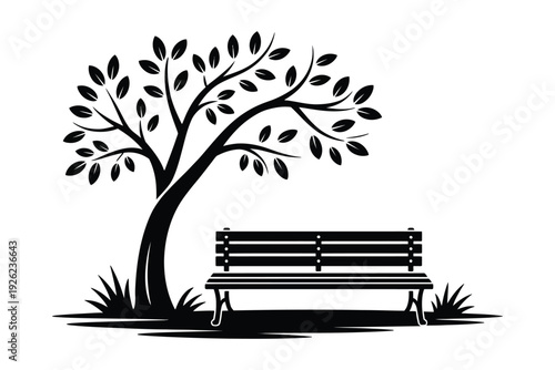 Tree silhouette with a bench in a park landscape illustration