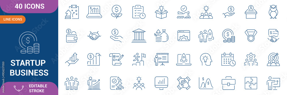 Fototapeta premium Startup Business Icon Set. startup business, innovation, investment, funding, business plan, strategy, growth, leadership, marketing, finance, profit, management. Editable stroke. Vector illustration